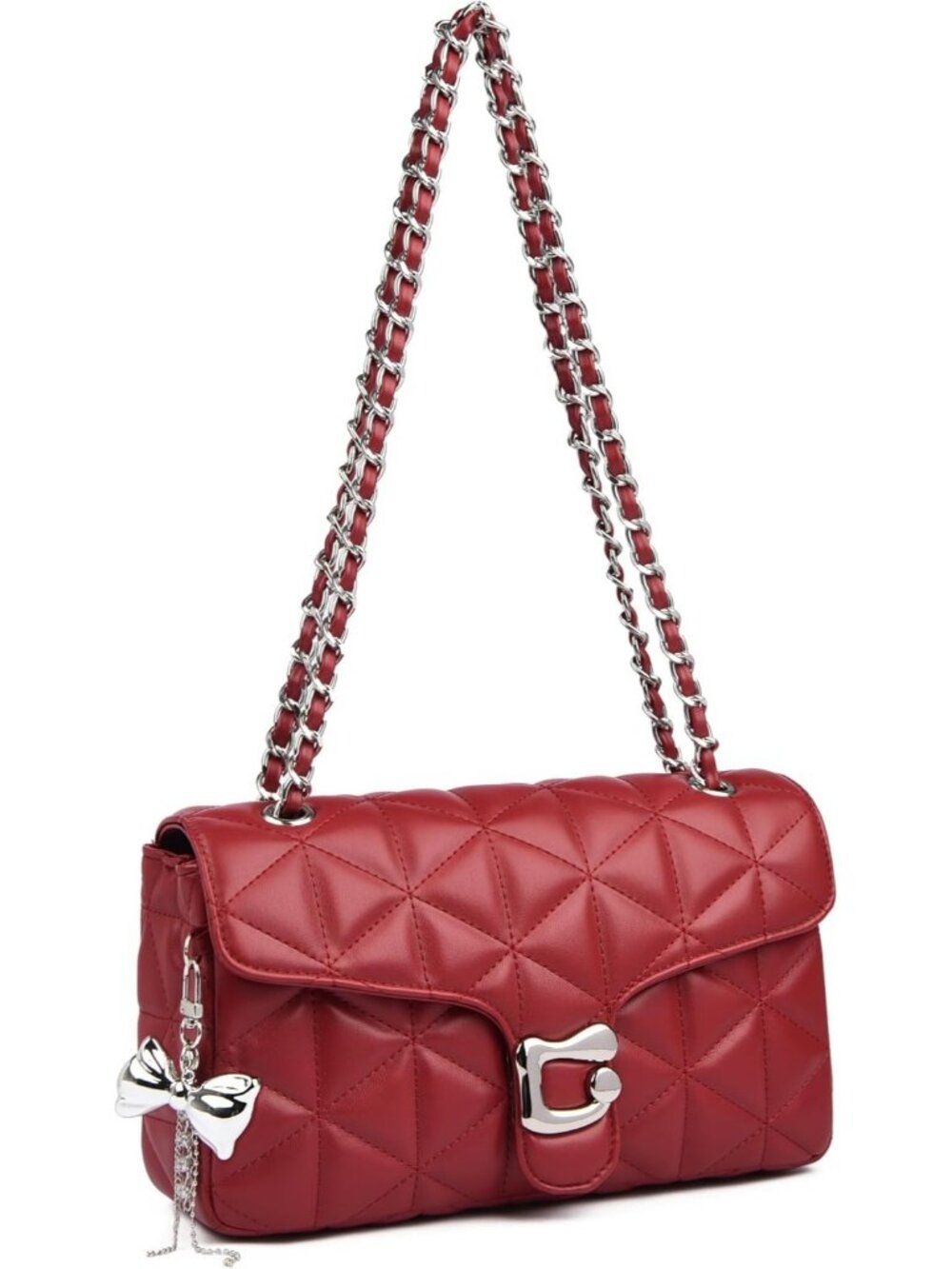 Women's Red Quilted Crossbody Bag Vegan Leather Chain Shoulder Purse